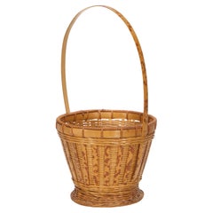 Vintage Split Burnt Bamboo Ikebana or Storage Basket with Handle
