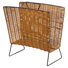 Mid-Century Modern Wicker and Metal Magazine Rack, 1950s