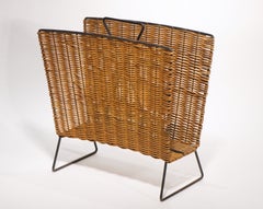 Mid-Century Modern Wicker and Metal Magazine Rack, 1950s