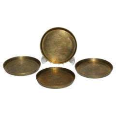 Set of 4 Brass Coasters Chinoiserie Lucky Coin Design, 1940s-1950s