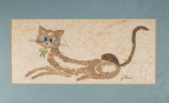 Vintage Cat Painting on Handmade Paper, Framed 1960s-1970s