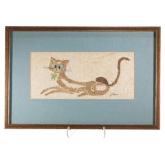 Vintage Cat Painting on Handmade Paper, Framed 1960s-1970s