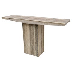Mid Century Italian Unfilled Travertine and Brass Inlay Console Table