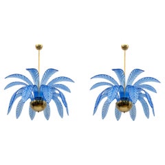 Pair of Mid-Century Modern Palm Leaves Chandelier Murano Glass and Brass, 1970s