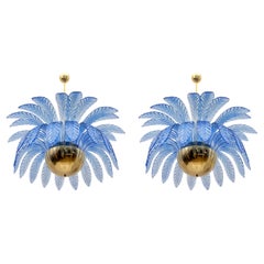 Pair of Mid-Century Modern Palm Leaves Big Chandelier Murano Glass and Brass