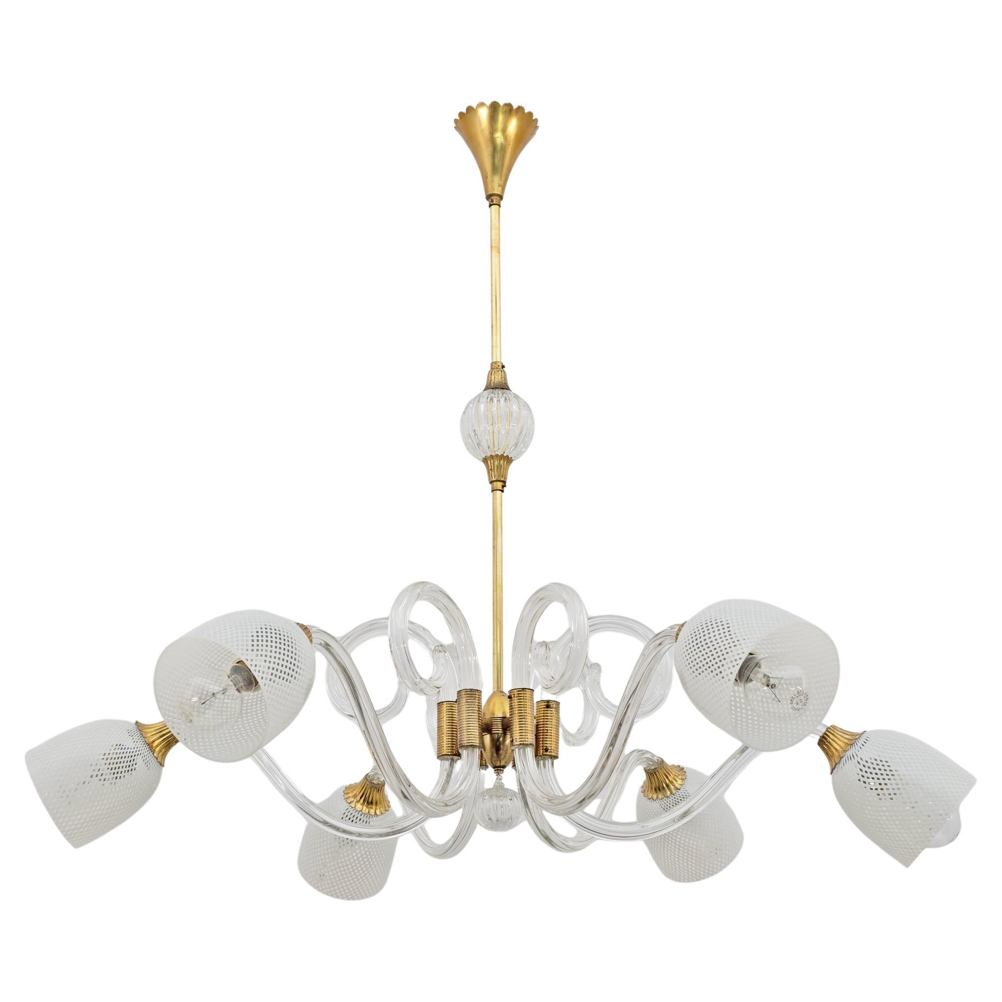Ercole Barovier Art Dèco Lustre italien en verre de Murano et laiton, 1935s