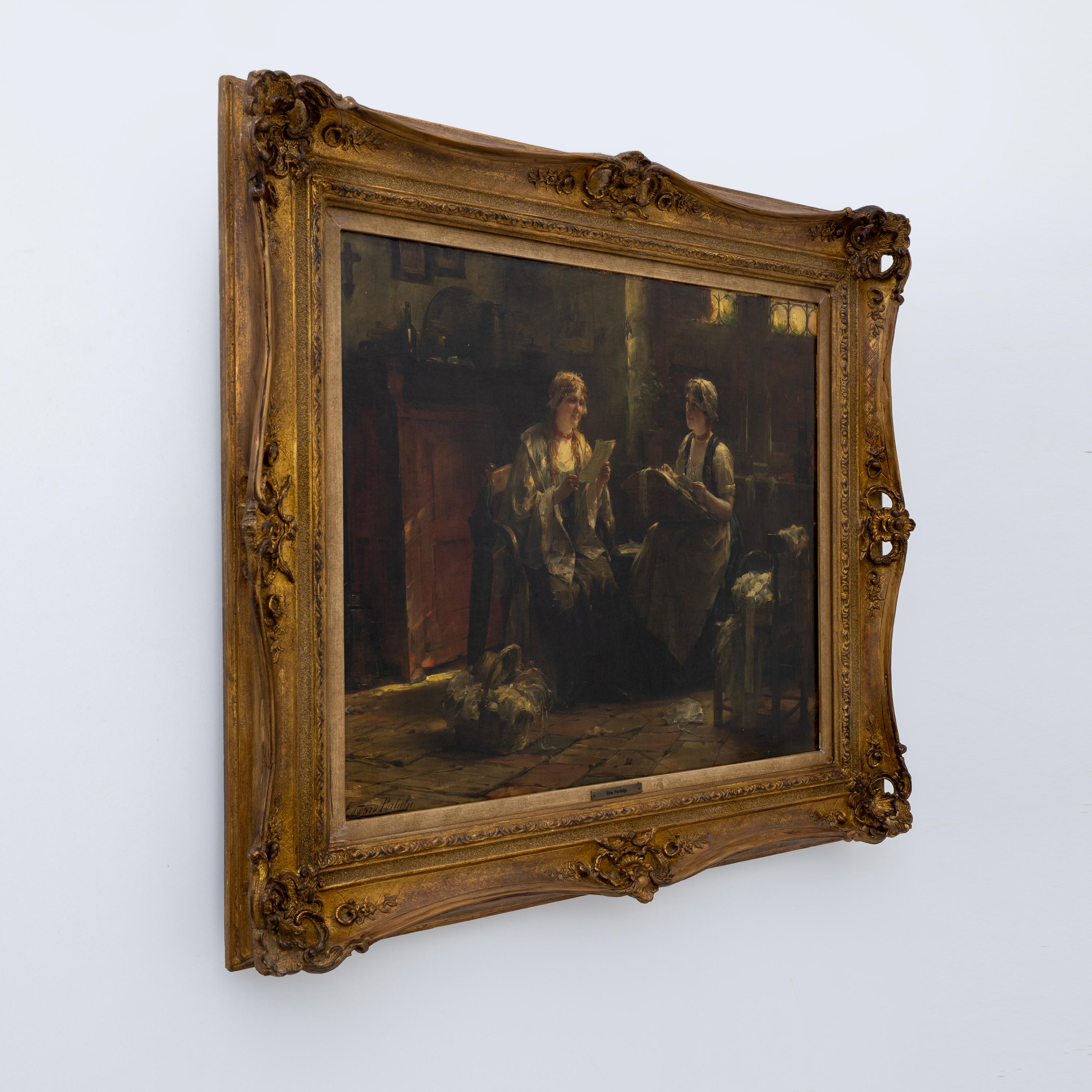 Dieses schöne alte Ölgemälde zeigt zwei sitzende Damen in einem Interieur des 19. Jahrhunderts. Der Frau rechts gegenüber sitzt eine alte Wollspinnerin, die ihre Arbeit unterbricht, um zu ihrer Begleiterin aufzublicken und sie anzulächeln, die einen
