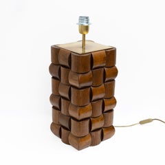 Pair of Sculptural Teak and Brass Table Lamps, Italy