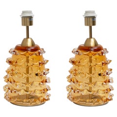Pair of Amber Rostrato Murano Glass Table Lamps