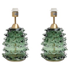 Pair of Green Rostrato Murano Glass Table Lamps