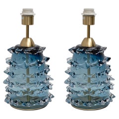 Pair of Blue Rostrato Murano Glass Table Lamps
