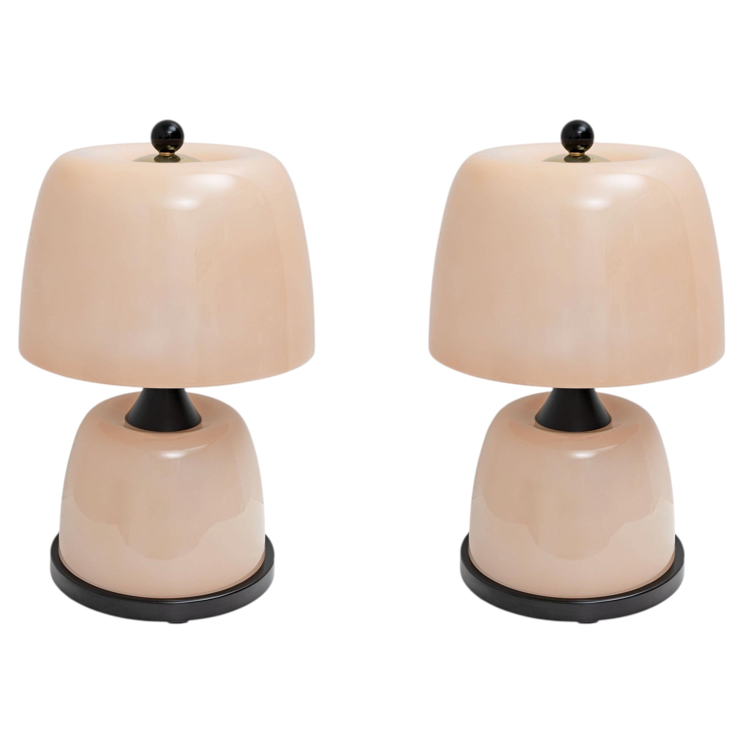 Pair of Italian Murano Glass Table Lamps in Blush Pink with Brass Accents