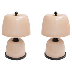 Pair of Italian Murano Glass Table Lamps in Blush Pink with Brass Accents