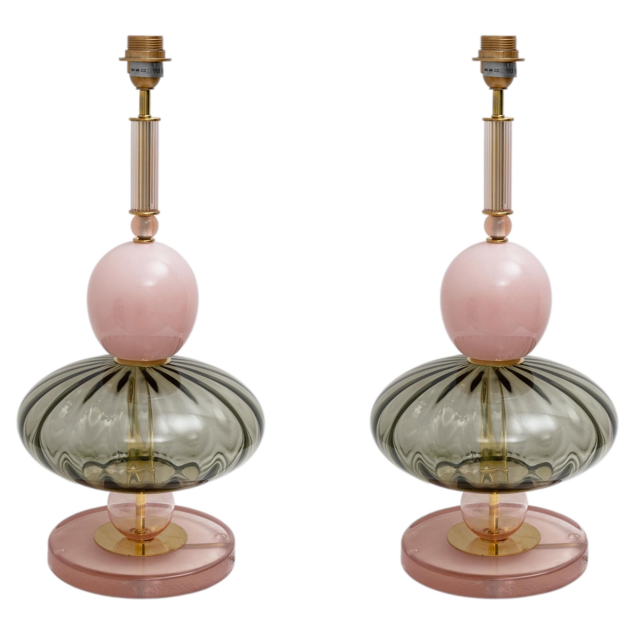 Pair of Geometric Murano Glass Table Lamps in Pink and Grey, Sottsass Style