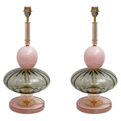 Pair of Geometric Murano Glass Table Lamps in Pink and Gray, Sottsass Style