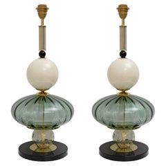 Pair of Geometric Murano Glass Table Lamps in Green and White, Sottsass Style