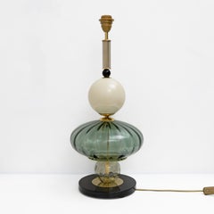 Pair of Geometric Murano Glass Table Lamps in Green and White, Sottsass Style