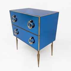 Pair of Blue Mirrored Chests of Drawers with Brass Accents, Mid-Century Style