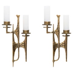 Pair of Brutalist Bronze and Murano Glass Wall Sconces by Felix Agostini