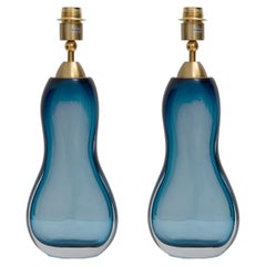Pair of Italian Mid-Century Blue Murano Sommerso Glass Table Lamps