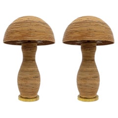 Pair of Vintage Rattan and Brass Table Lamps, 1970s