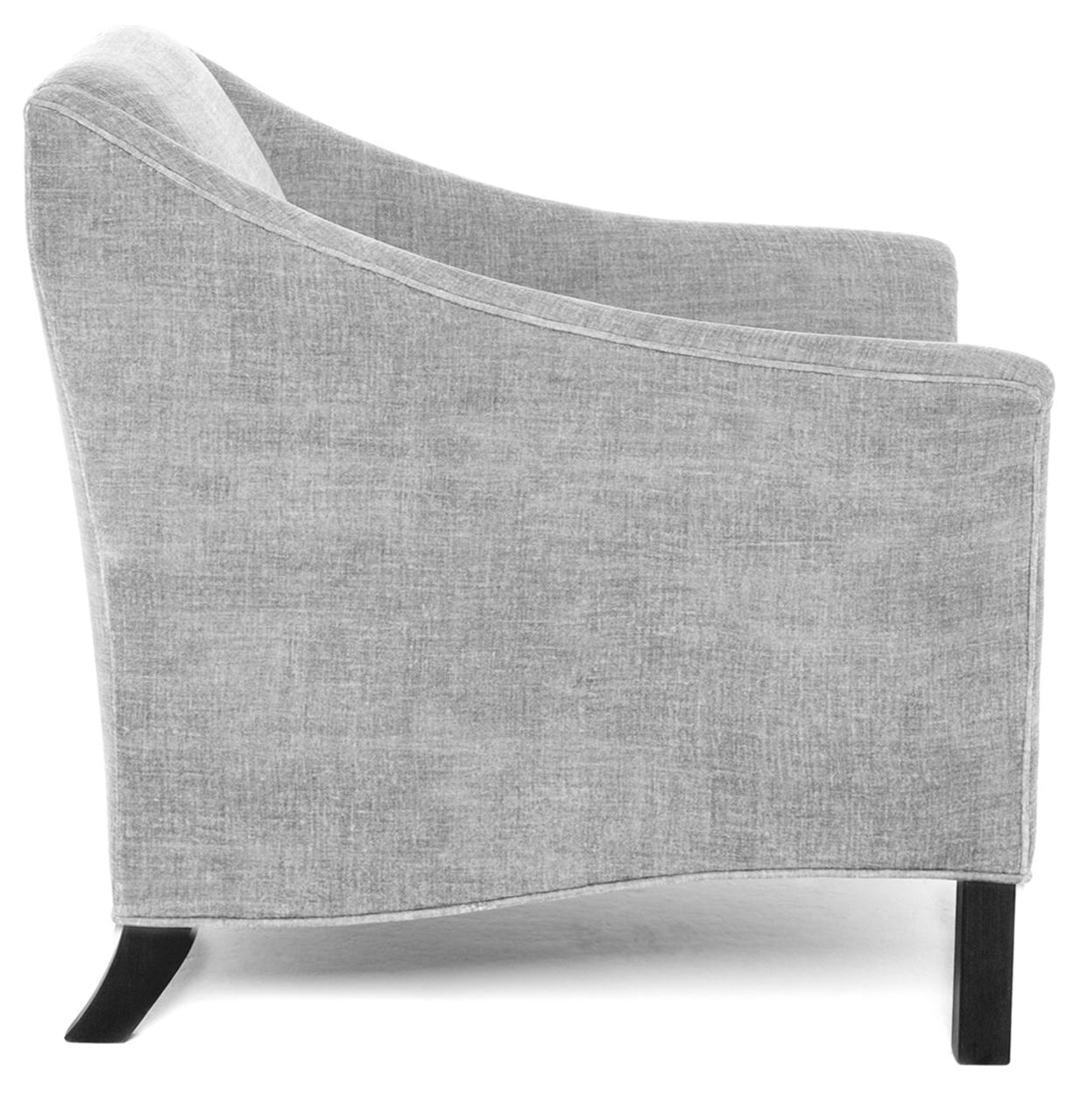 The Isabelle chair has a tight upholstered back and loose seat cushion. Tapered front legs and curved back legs are made of blackened hardwood.

Made to order and handcrafted in the USA. Available in wool in a range of colors including dark gray,