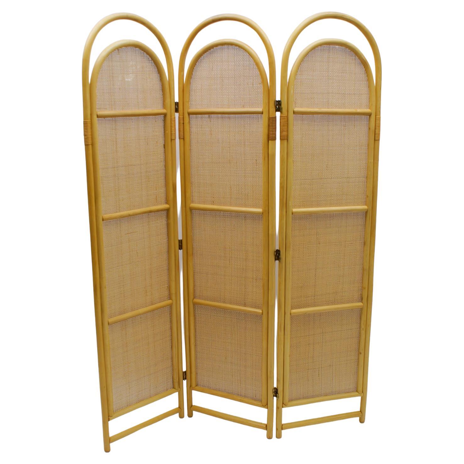 Sculptural Three-Panel Folding Screen Room Divider in Rattan and Wicker, 1960s