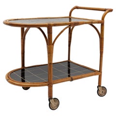 Bamboo and Rattan Bar Cart Serving Trolley, 1950s Italy