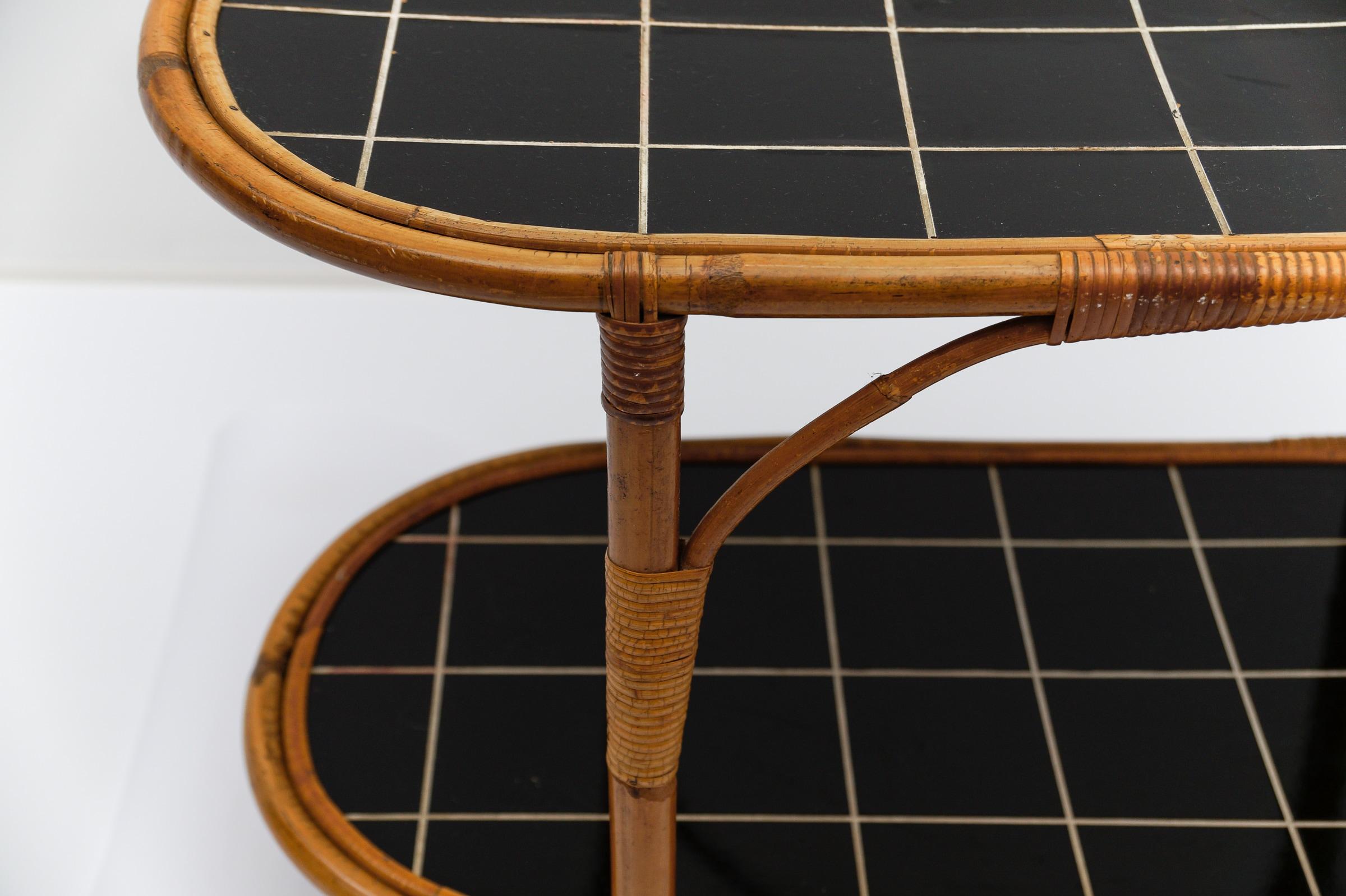 Bamboo and Rattan Bar Cart Serving Trolley, 1950s Italy For Sale 4