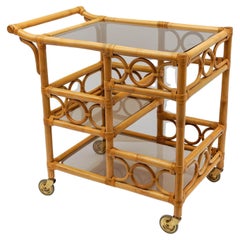Bamboo and Smoked Glass Bar Cart Serving Trolley with Bottle Holder, 1950s Italy