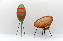 Tripod floor lamp with cocoon shade wicker, 1950s