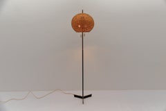 Awesome Mid-Century Modern tripod brass and rattan floor lamp, 1950s Austria