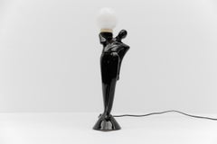 ceramic Art Deco waiter table lamp with a milk glass ball shade, 1980s Italy