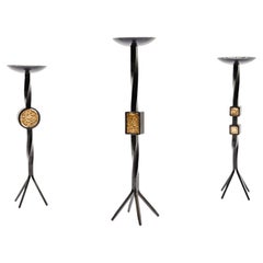 Set of 3 handmade Mid-Century Modern iron and brass candle holder, 1960s
