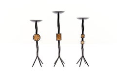 Set of 3 handmade Mid-Century Modern iron and brass candle holder, 1960s