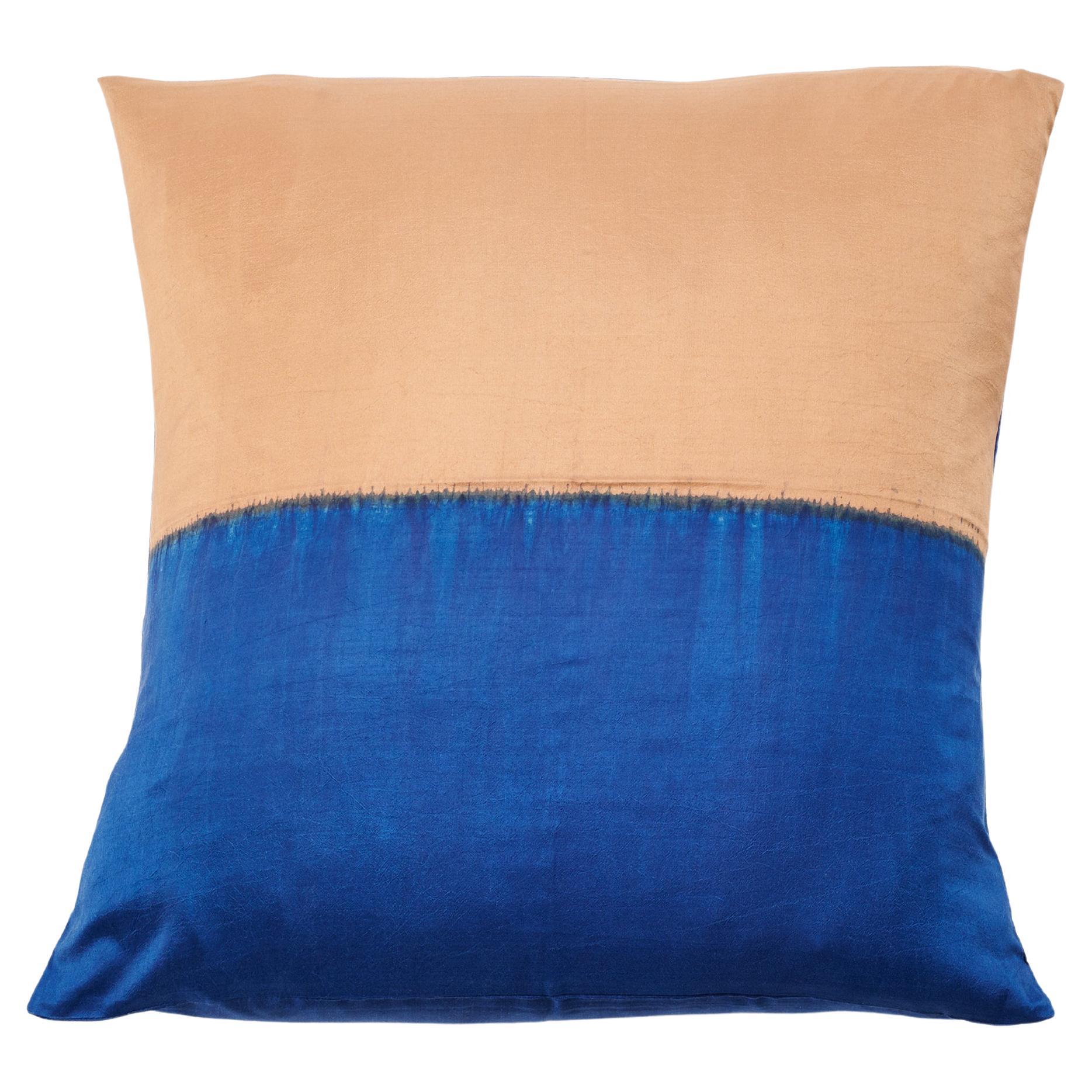 Modern Artisanal Aakar Indigo Gold Color Block Mulberry Silk Pillow