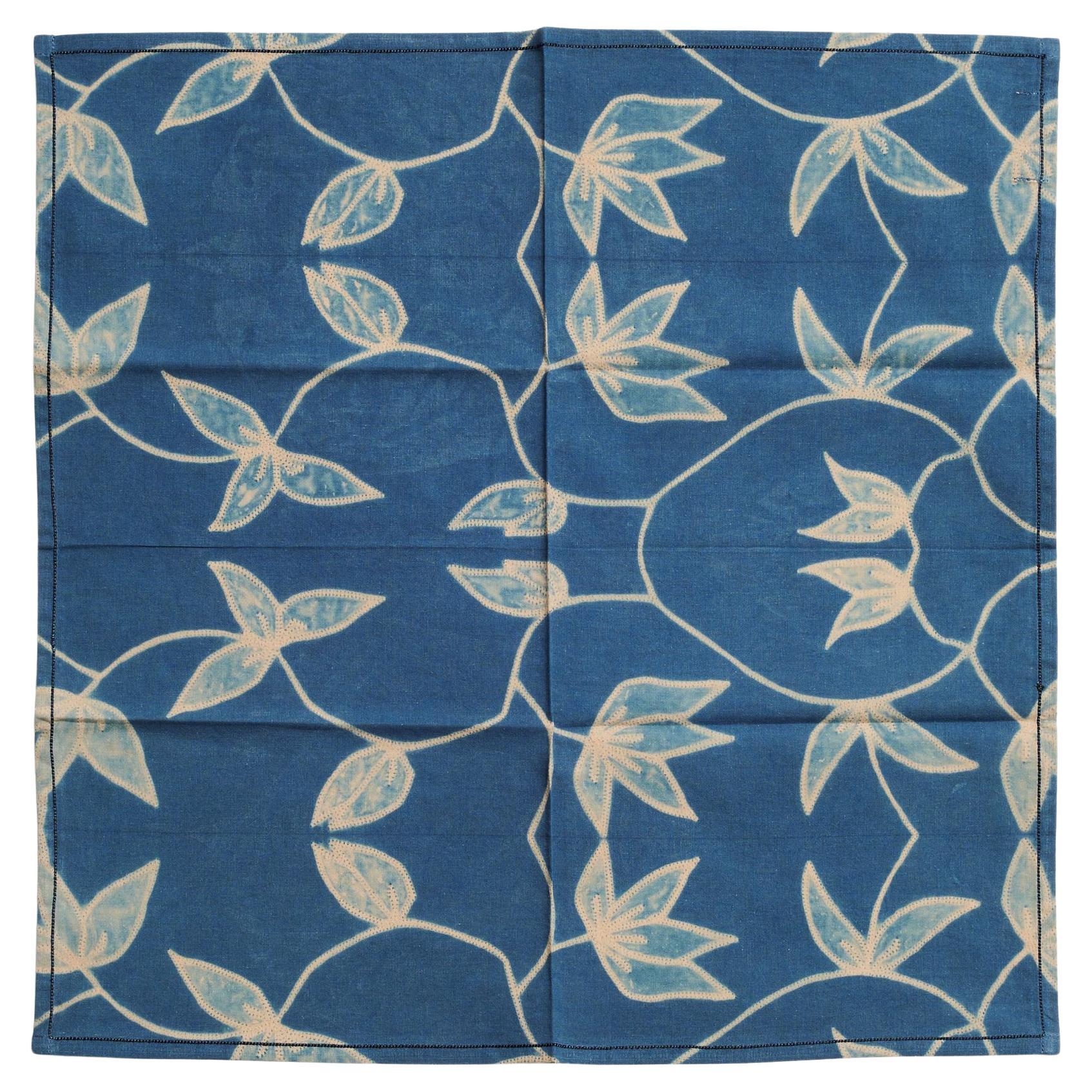 Servilleta de Mesa Folio Floral de Algodón Añil, Hecha a Mano por Artesanos ( set de 4  )