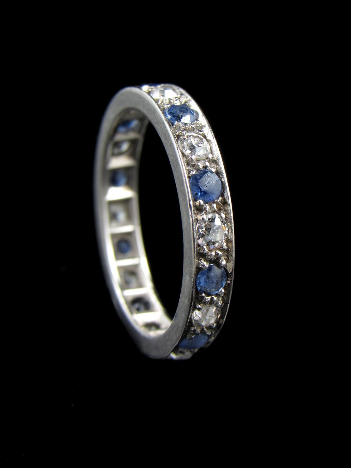 White Gold Sapphire and Diamond Full Eternity Ring, circa 1950 In Good Condition In Dallington, East Sussex