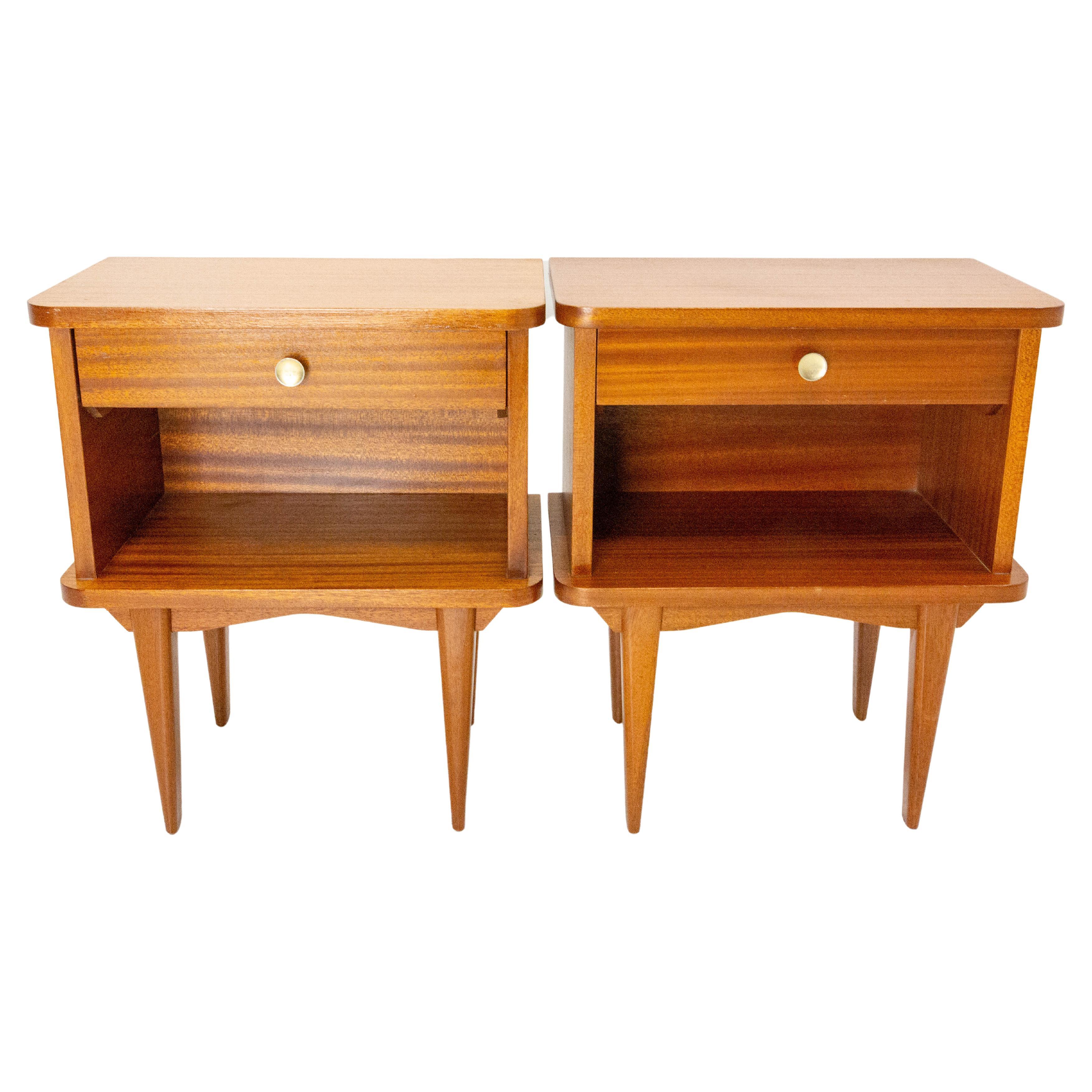 French Pair of Wood Nightstands Side Cabinets Bedside Tables, circa 1960
