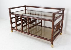French Mid-Century Modern Rattan and Smoked Glass Hi Fi Table or Side Table