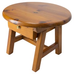 French Round Pine Coffee Table or Nightstand Table with Drawer, c. 1970