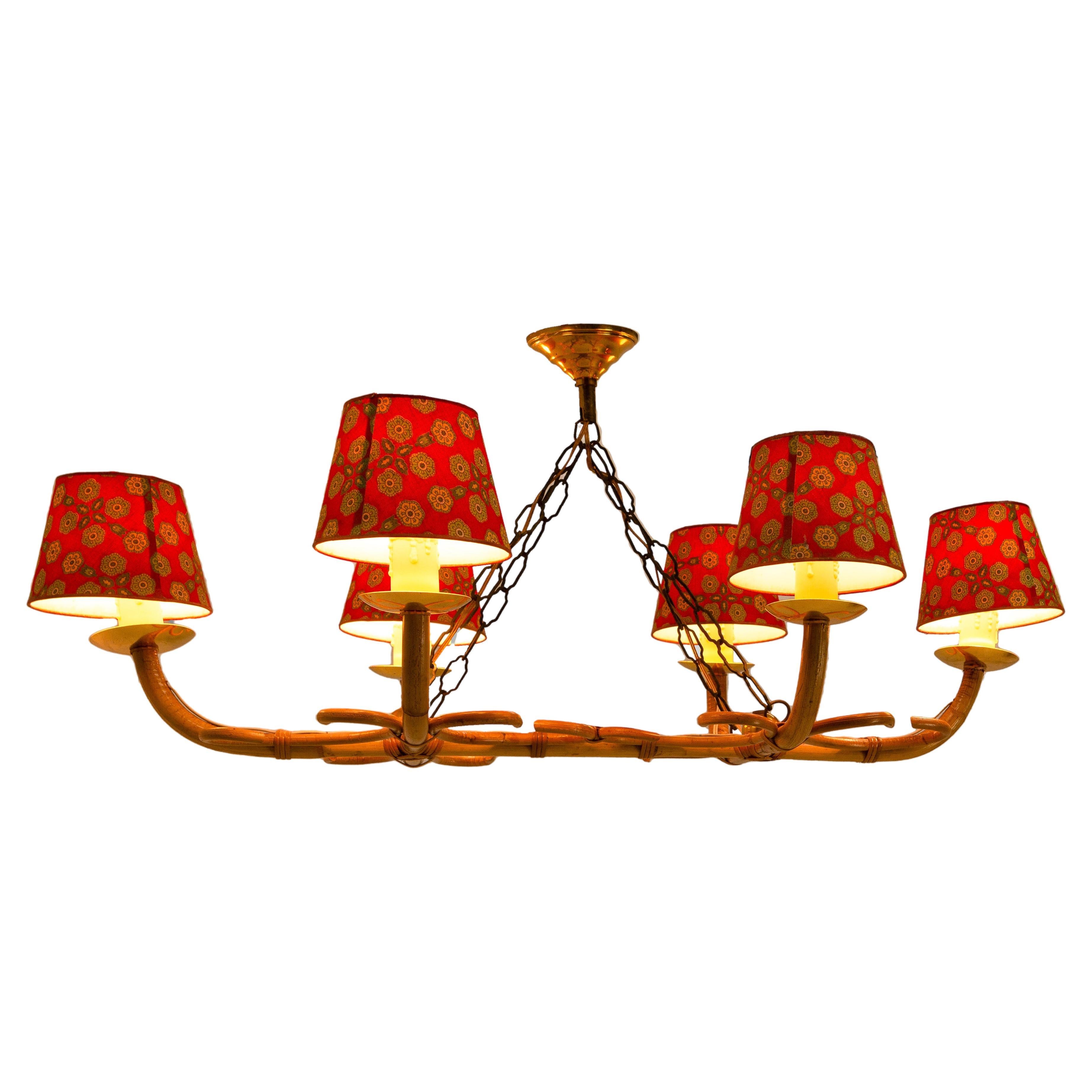 French Rattan Chandelier Ceiling Pendant Lustre Six Lights, circa 1960 For Sale