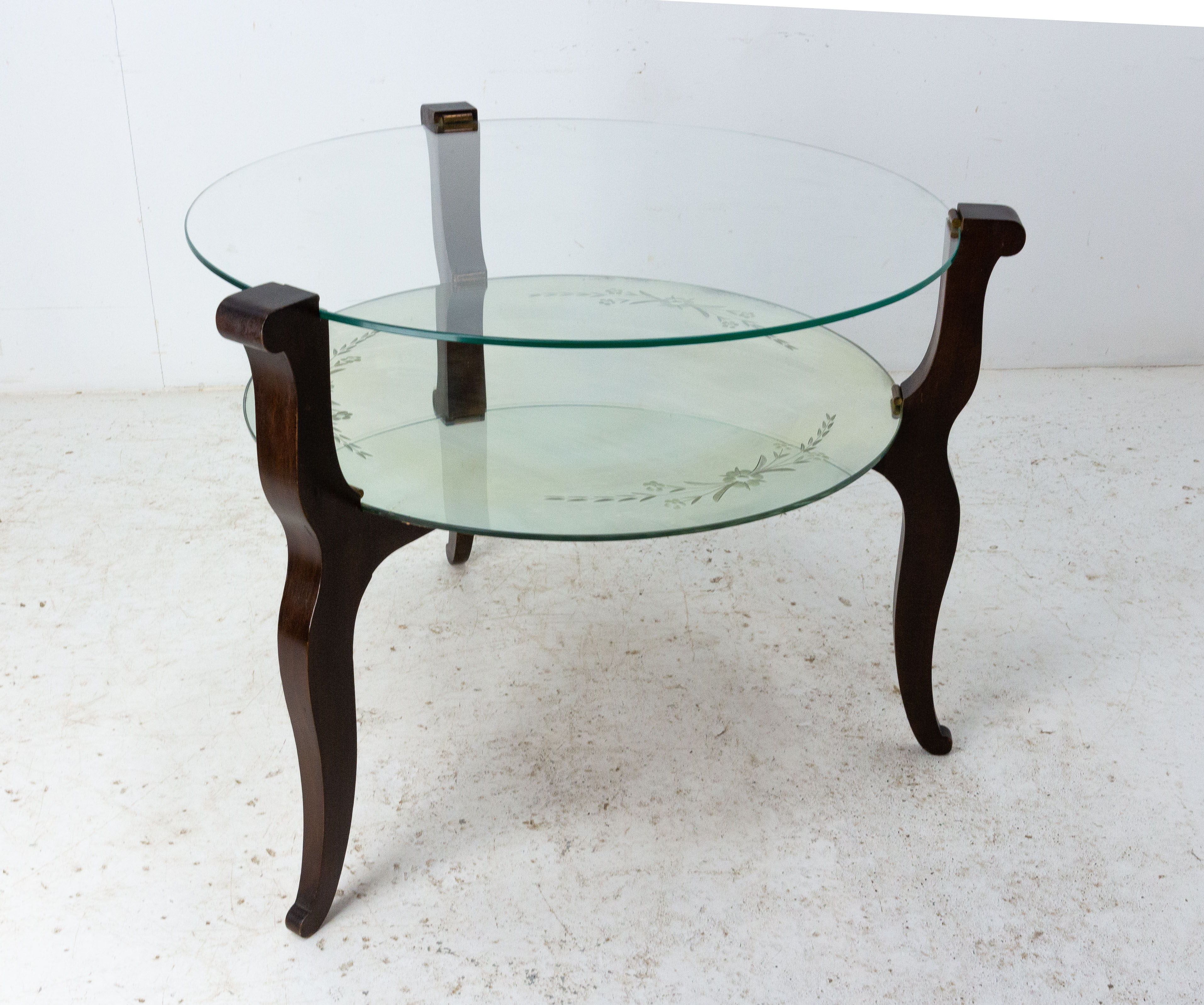 Coffee Table Mid-Century Glass, Engraved Mirror and Wood, France, 1960