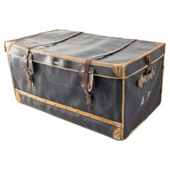 Antique French Leather Trunk with Original Train Labels Paris to Chantilly, Late 19th C