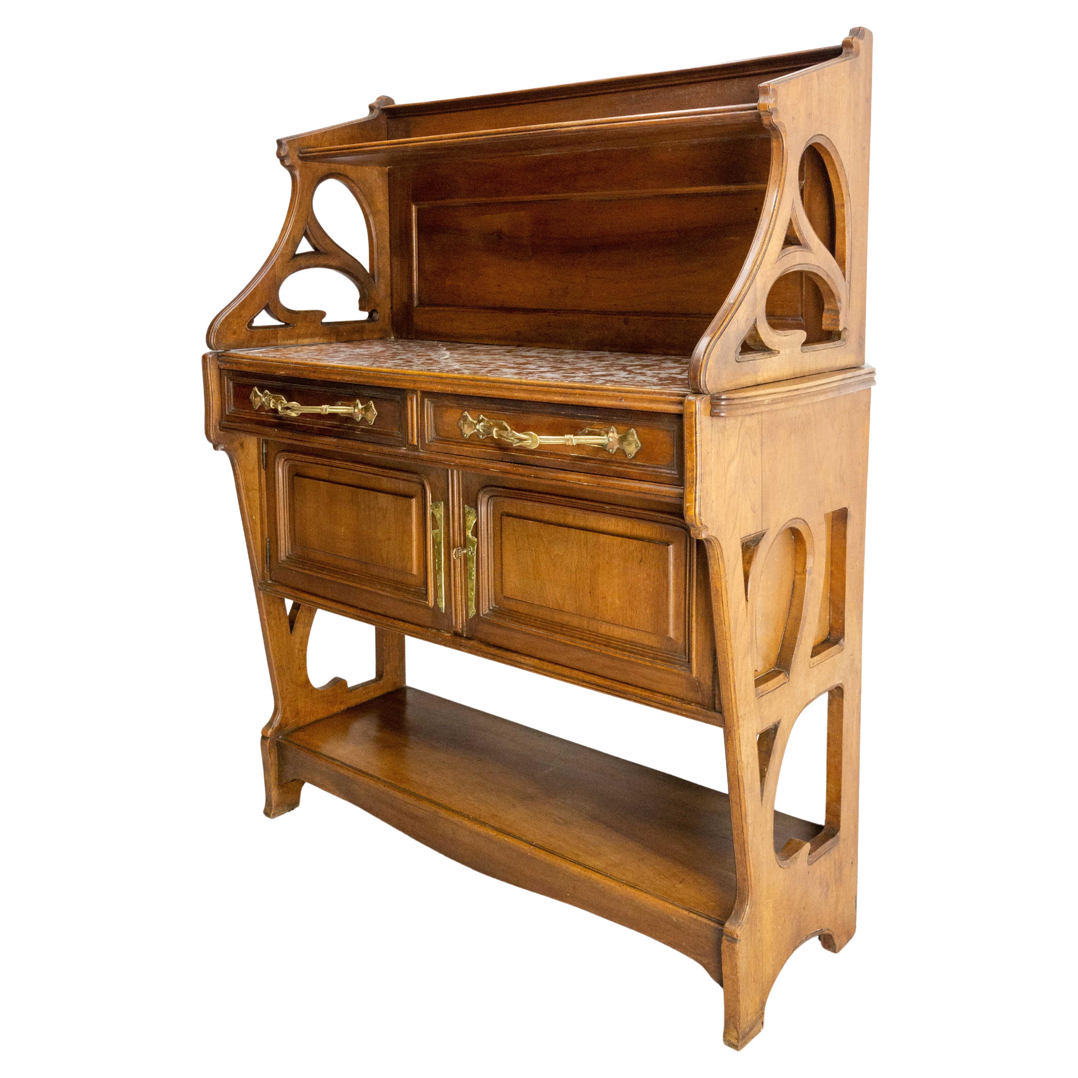 Consola o pequeño aparador Art Nouveau de nogal, marbre y latón, francés, hacia 1910