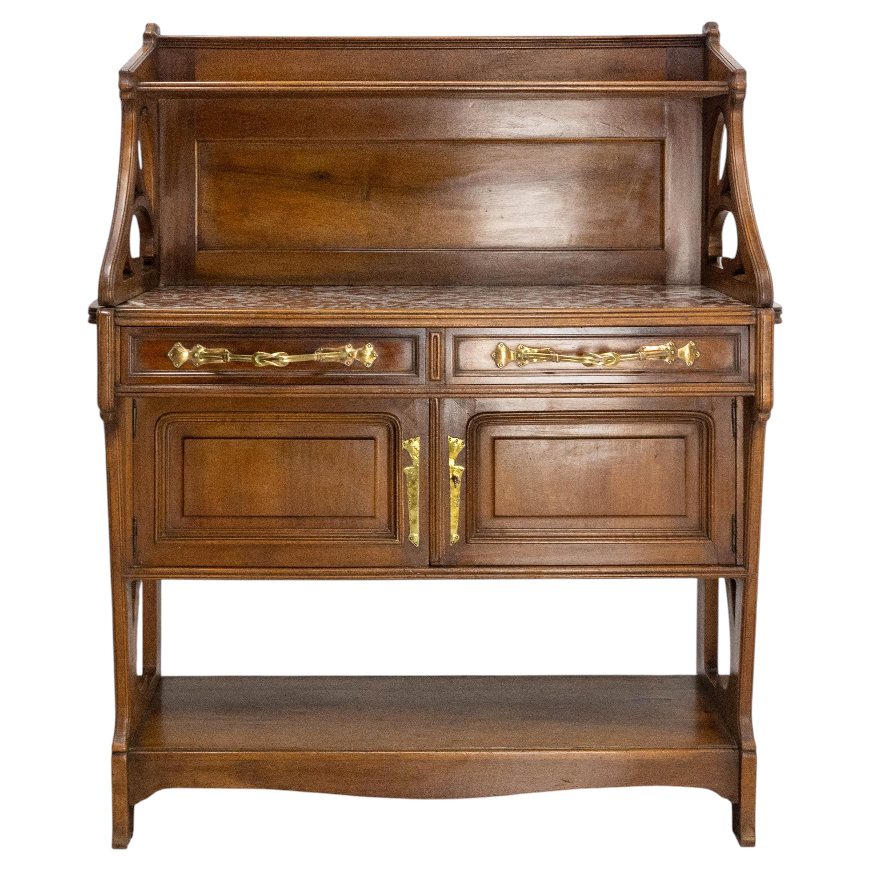 Art Nouveau Walnut, Marbre & Brass Console or Little Buffet, French, circa 1910 For Sale