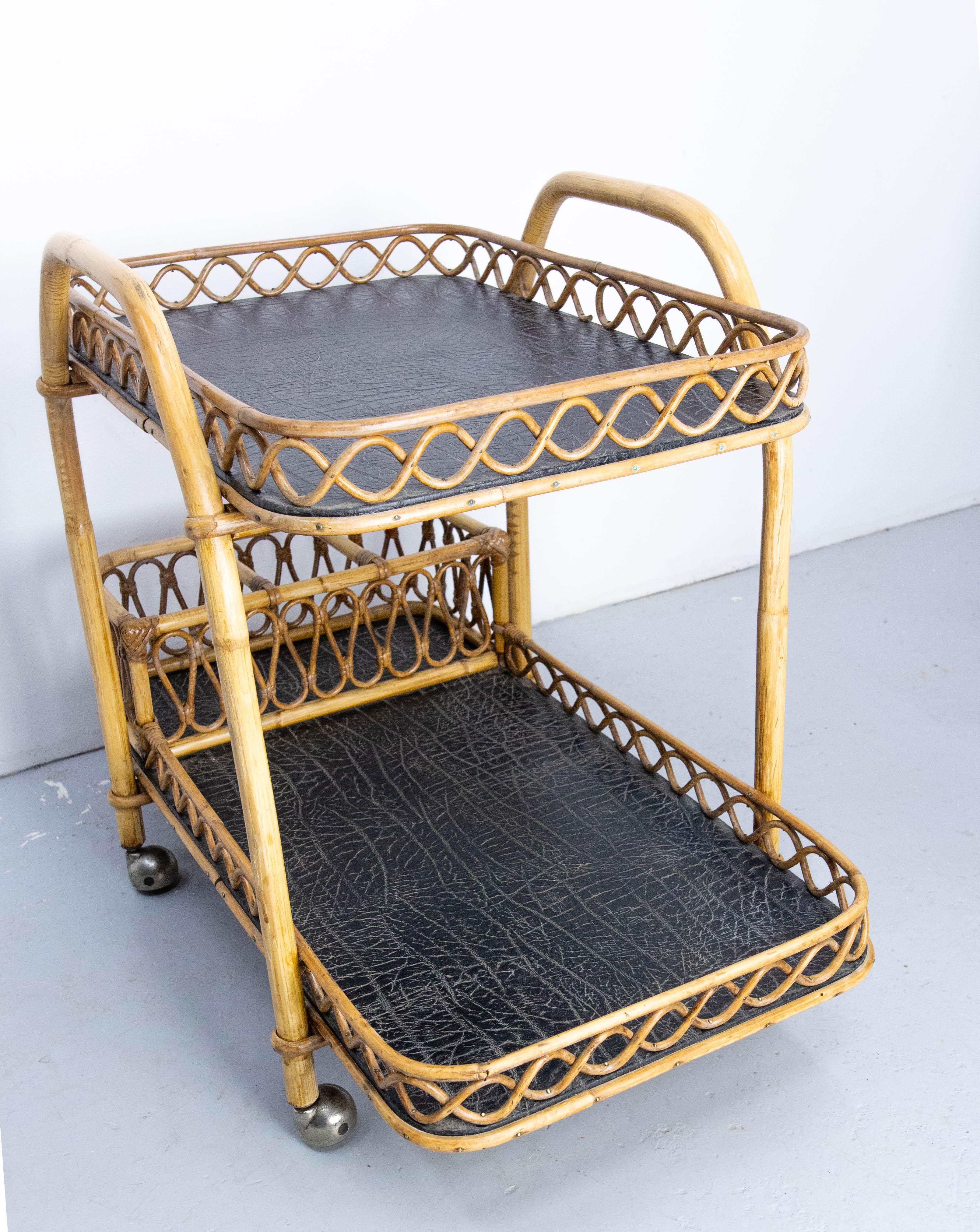 20th Century Midcentury Rattan and Skai Trolley Bar Cart, circa 1950 For Sale