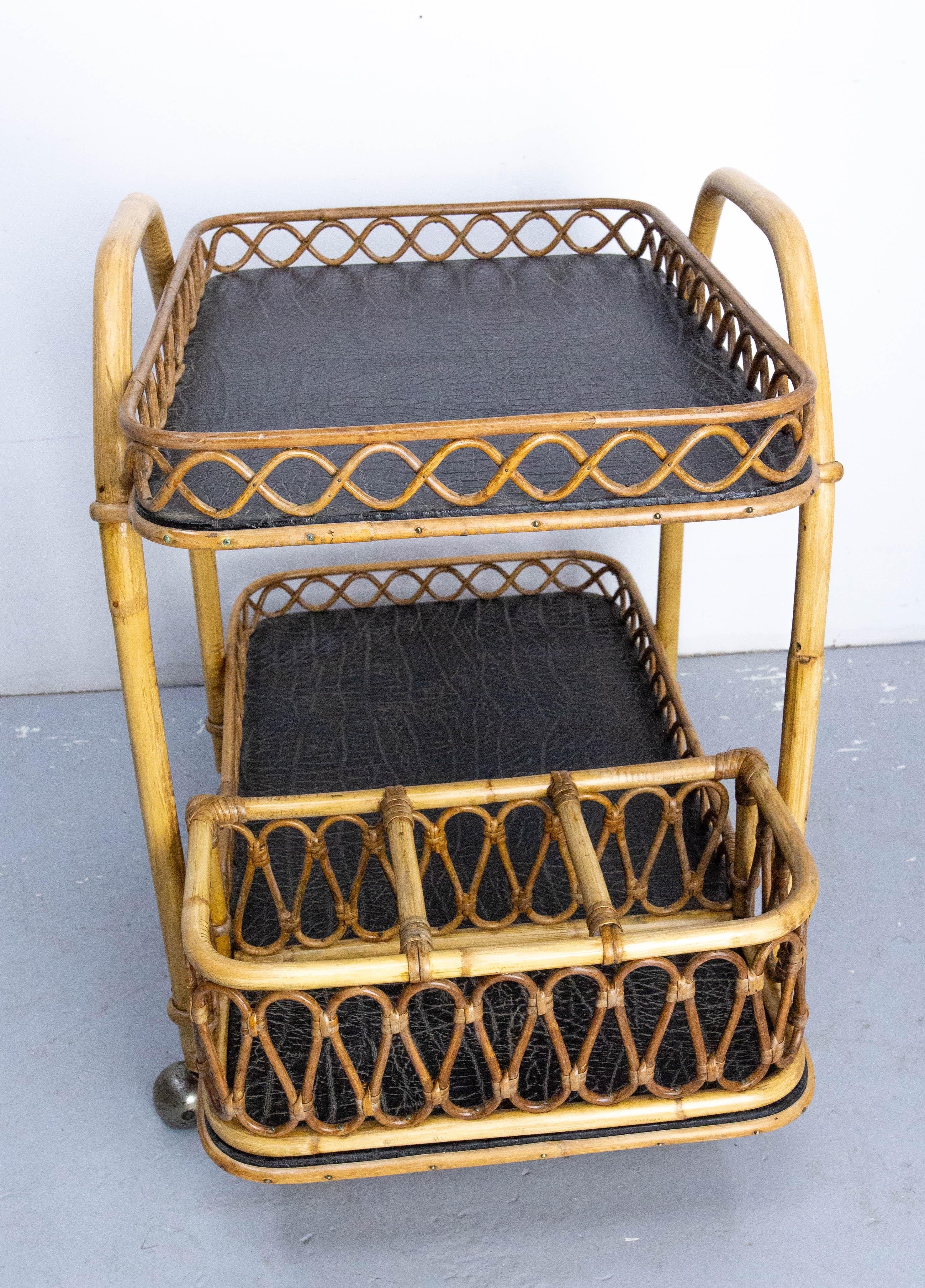 Faux Leather Midcentury Rattan and Skai Trolley Bar Cart, circa 1950 For Sale
