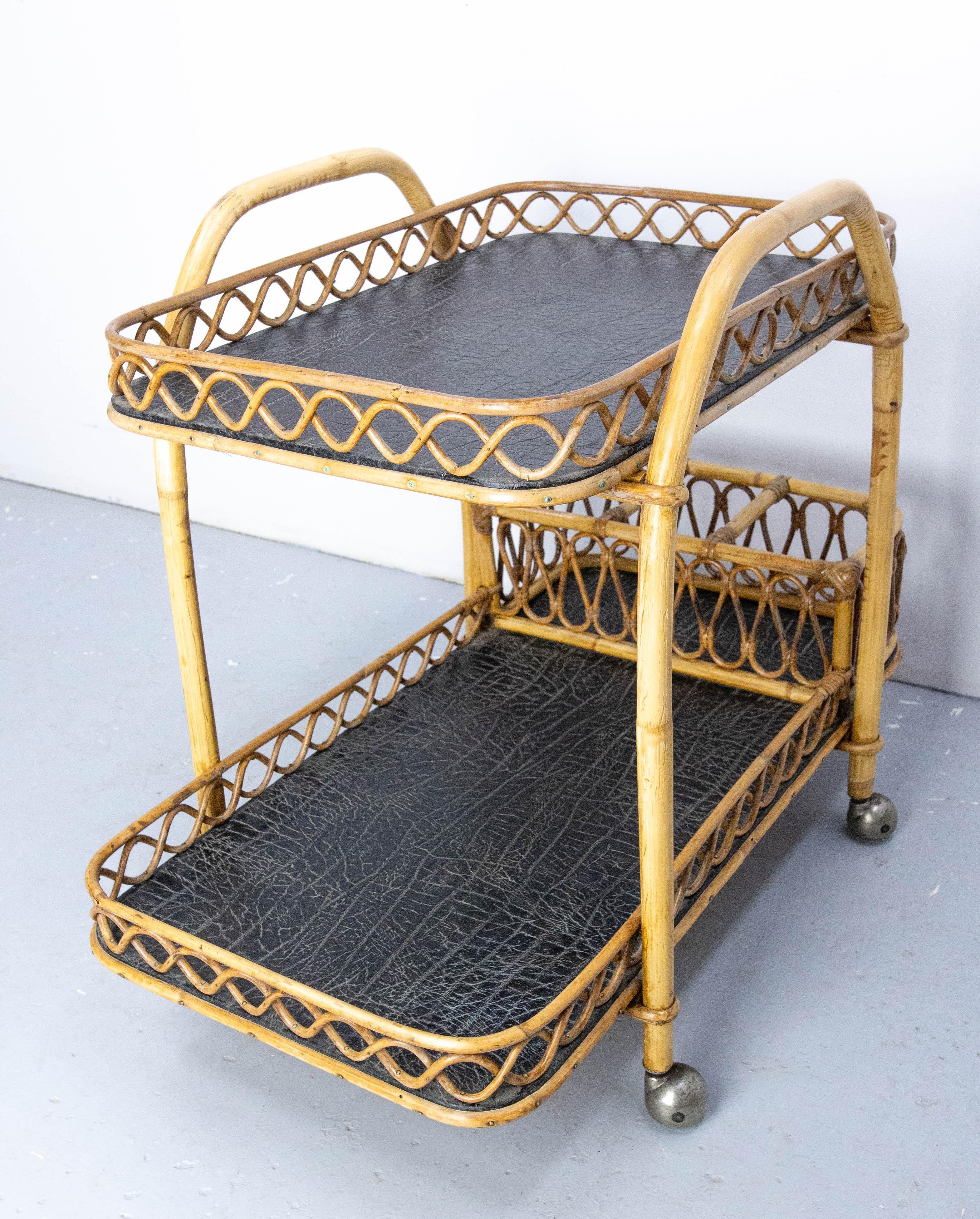 French Midcentury Rattan and Skai Trolley Bar Cart, circa 1950 For Sale
