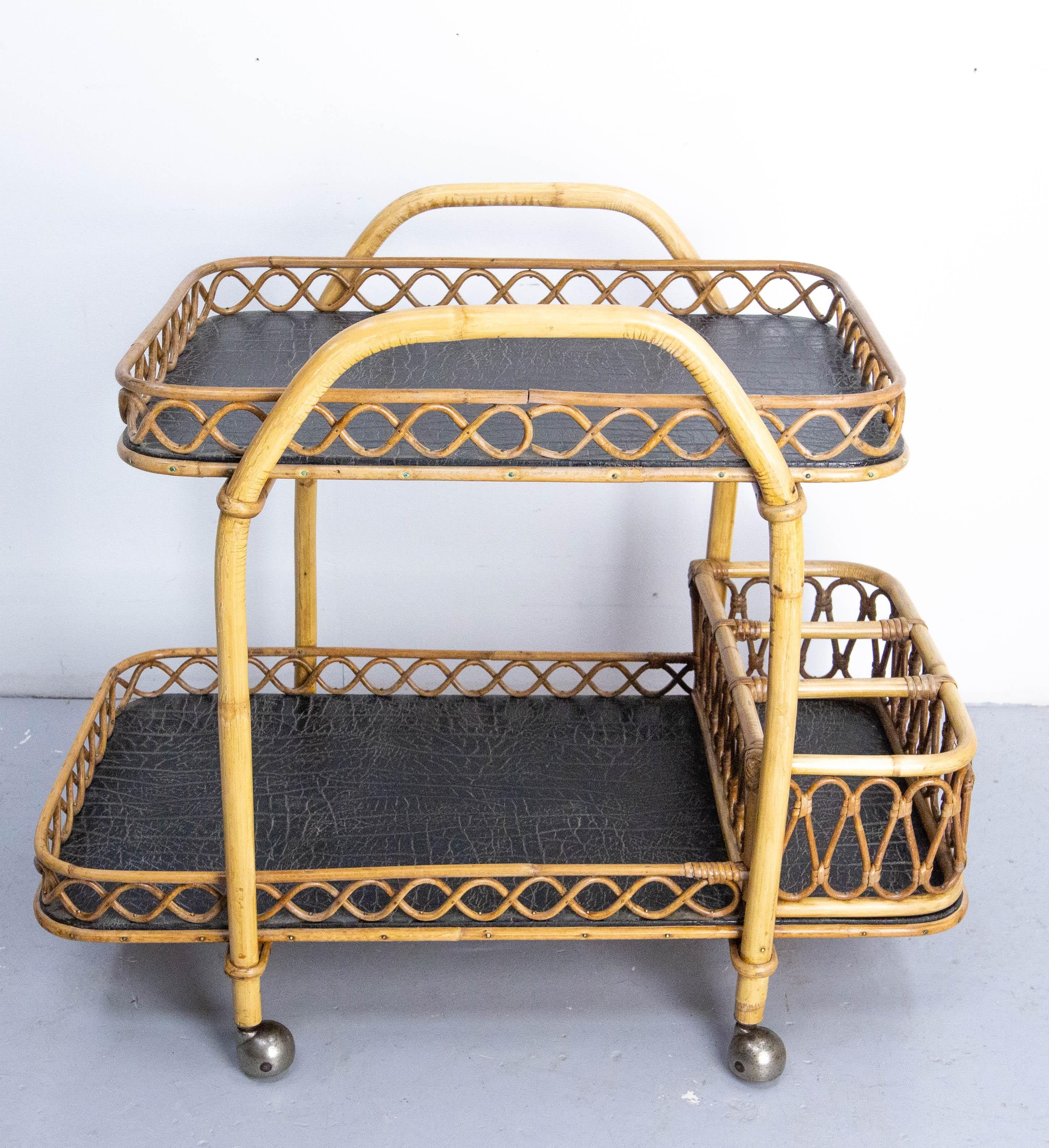 Mid-Century Modern Midcentury Rattan and Skai Trolley Bar Cart, circa 1950 For Sale